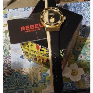 NEW~Women's Rebel Brooklyn Flatbush Black/Gold Dial Watch~$408 Retail